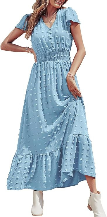 PRETTYGARDEN Women's Boho Dress Short Sleeve V Neck Swiss Dot Ruffle Tiered Maxi Dress Smocked Co... | Amazon (US)