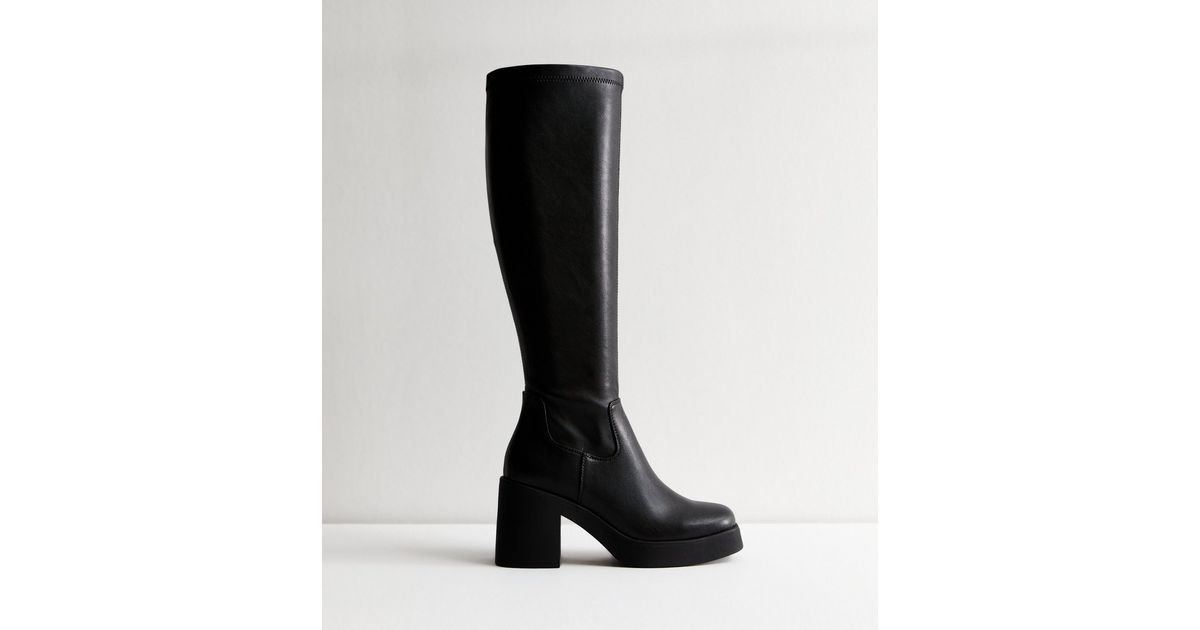 Black Chunky Heel Leather-Look Knee High Boots | New Look | New Look (UK)