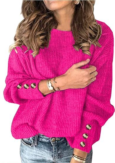 Womens Pullover Sweaters Batwing Long Sleeve Crewneck Casual Loose Knit Jumper Tops with Buttons | Amazon (US)