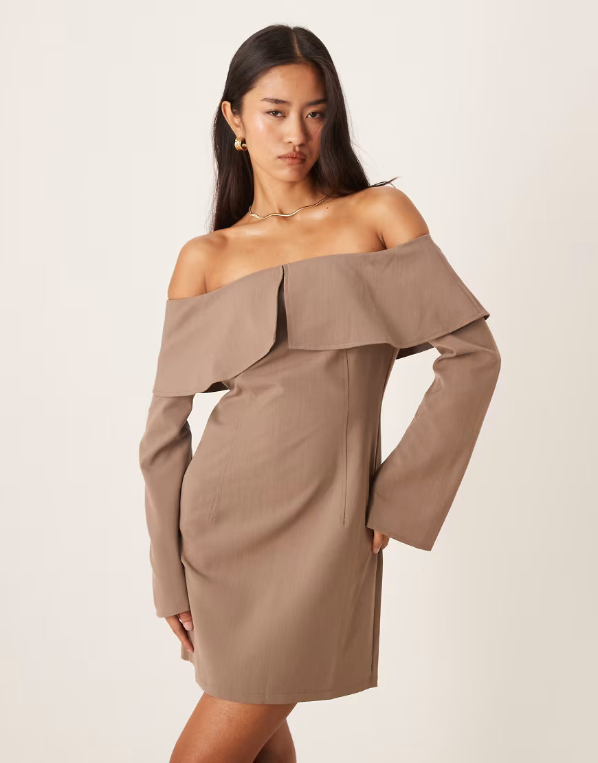 ASOS DESIGN off shoulder mini dress in brown | ASOS (Global)