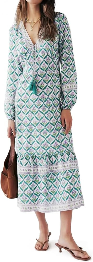 Sunny Spirit Womens Maxi Boho Dresses Floral Print Summer V Neck 2025 Flowy Tassel Long Casual Dr... | Amazon (US)
