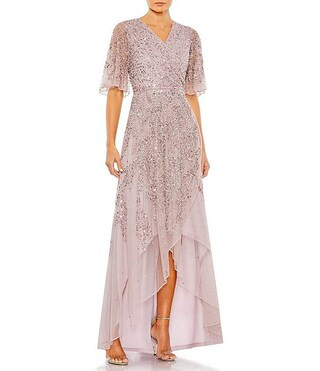Mac Duggal Beaded Short Flutter Sleeve Surplice V-Neck High-Low Faux Wrap Gown | Dillard's | Dillard's