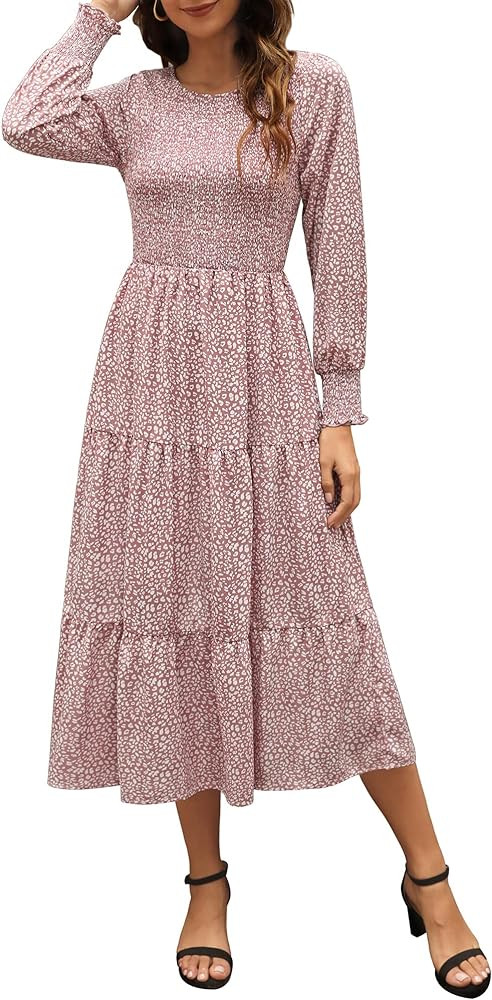 Zattcas Women Long Sleeve Smocked Bodice and Cuffs Boho Tiered Floral Midi Dress | Amazon (US)