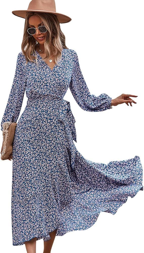Anna-Kaci Women's V-Neck Vintage Wrap Dress Long Sleeve Floral Print High Split Maxi Dresses with... | Amazon (US)