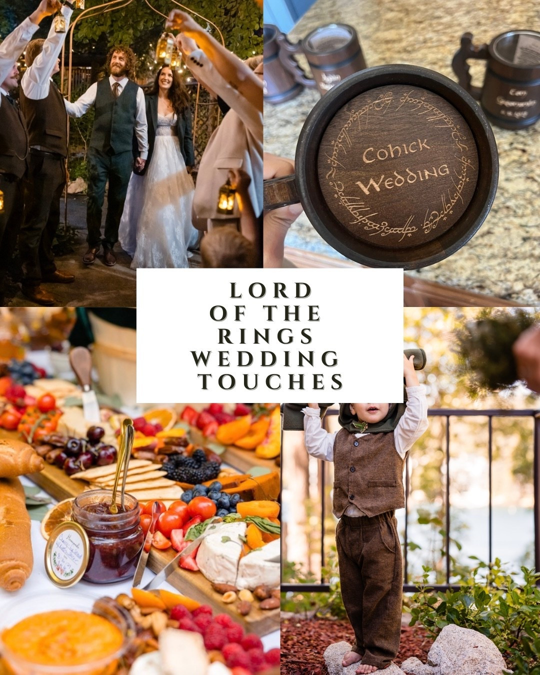 All the LOTR touches at our wedding. Our ring barer wore the rings around his neck, my husband’s ring is a custom gold ring with special wood inside, the wedding party walked down to Concerning Hobbits on the viola, we gifted the wedding party custom LOTR mugs, we had a grazing table fit for hobbits, and we walked through a lantern tunnel to the song May IT Be! We loved it all so much! #lordoftherings #lordoftheringsweddind #lotr #lotrwedding #thehobbit #hobbitwedding