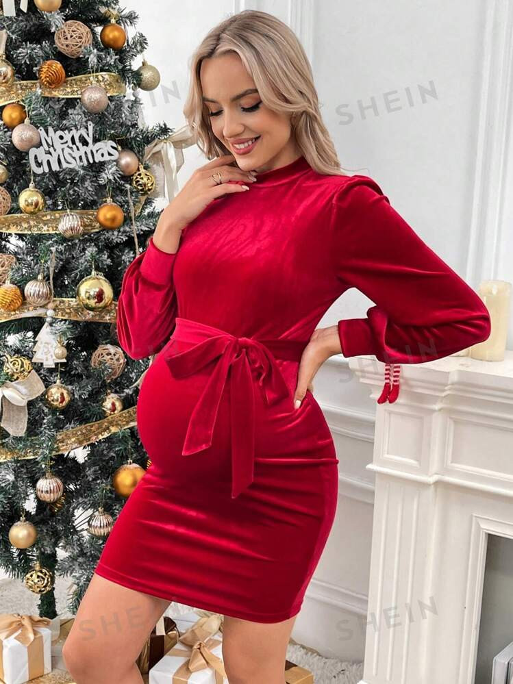 SHEIN Maternity Mock Neck Gigot Sleeve Belted Fitted Dress, Red | SHEIN