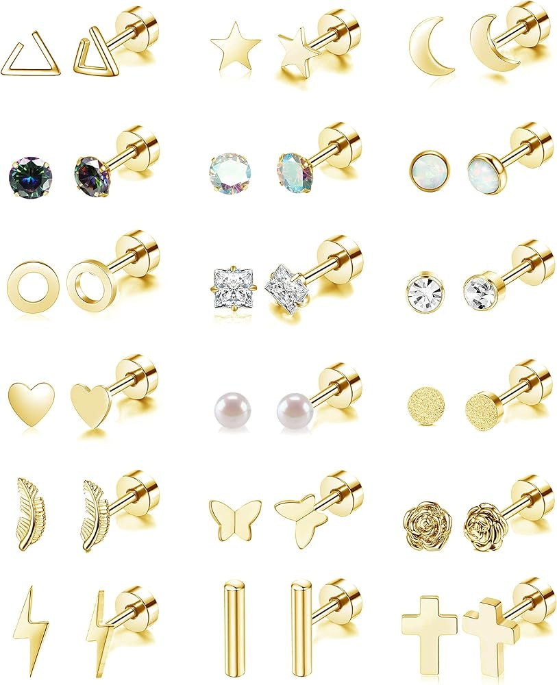 18 Pairs Stainless Steel Stud Earrings Set for Women Men Star Moon flower Heart Leaf Opal 20G Cartil | Amazon (US)