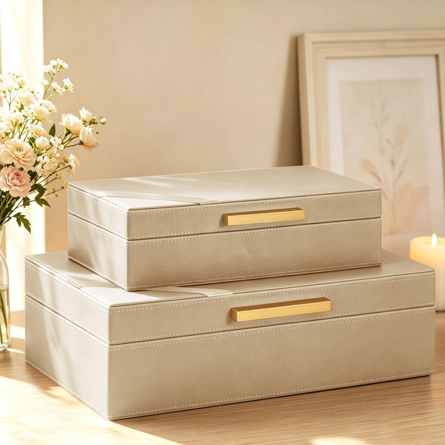 Decorative Storage Boxes with Lids, Set of 2 PU Leather Keepsake Boxes | Amazon (US)