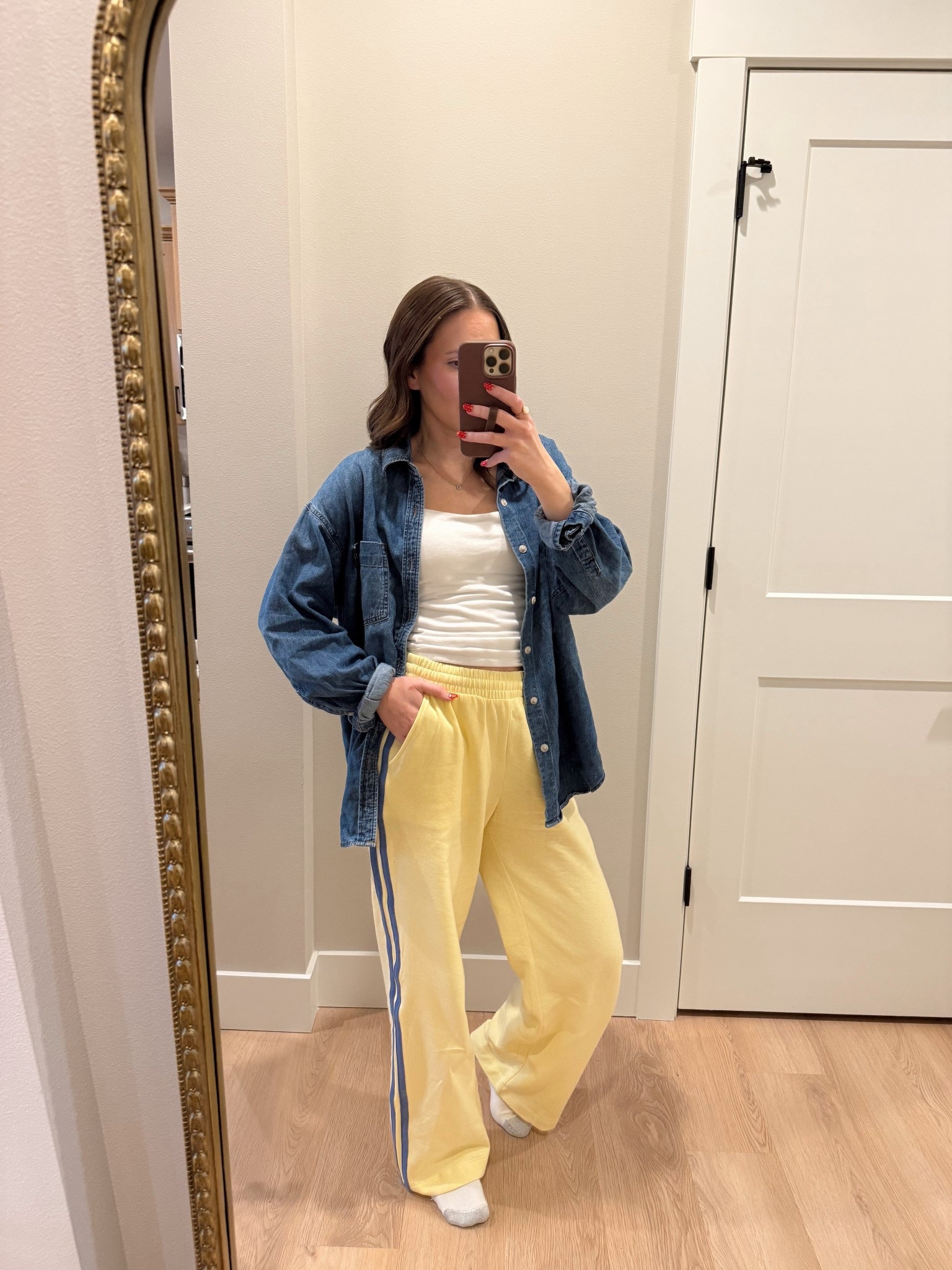 OOTD💛 my second color of these track sweatpants! They are fleece lined and so comfy AND currently on sale. Wearing a size small

Ootd | sweatpants | yellow pants | closet staples | aritzia button down | denim top 

#LTKmomlife #LTKootd