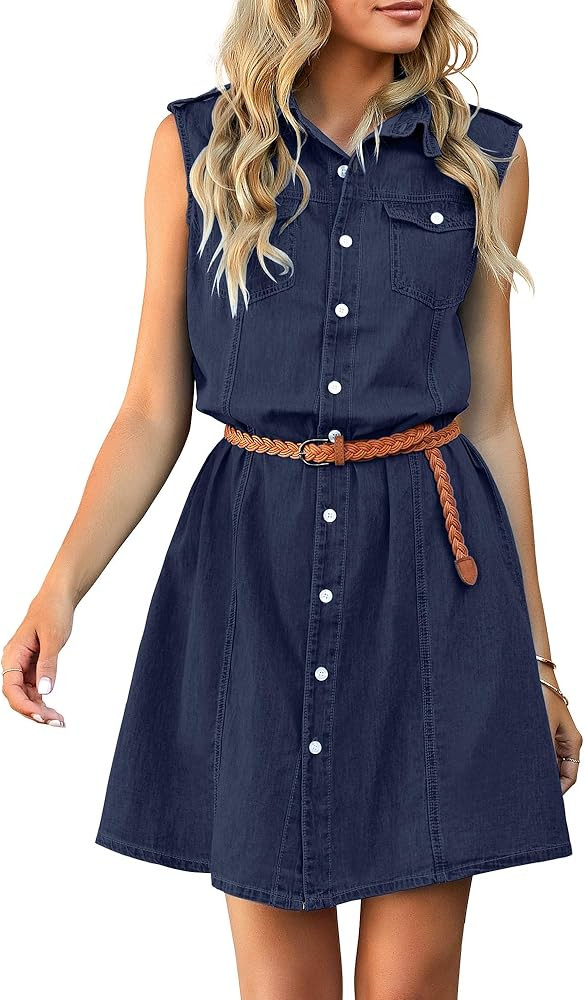 luvamia Women's Casual V Neck Sleeveless Jeans Button Down Denim Short Dress | Amazon (US)