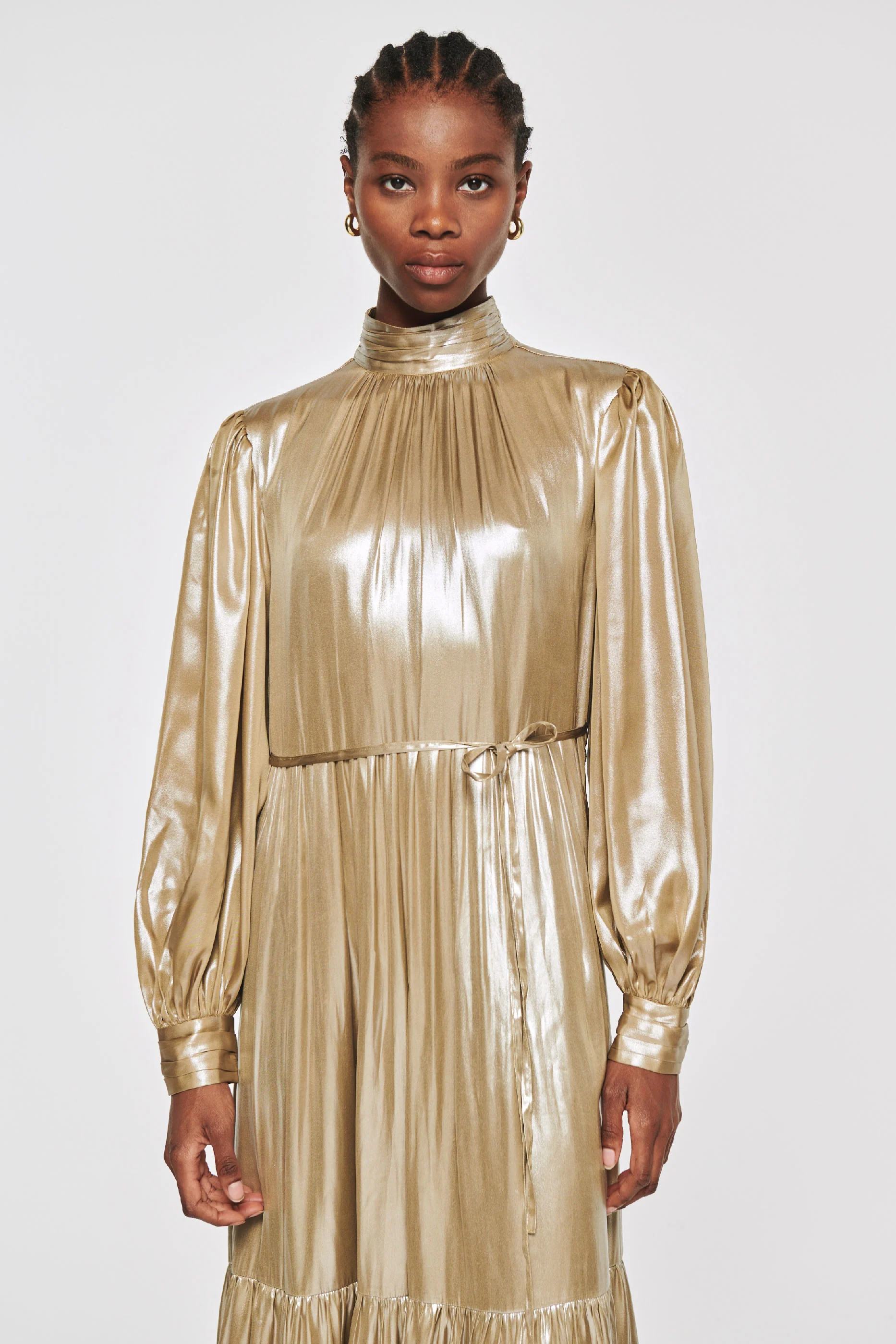 Lily | Foiled High Neck Tiered Dress in Gold | ALIGNE | Aligne UK