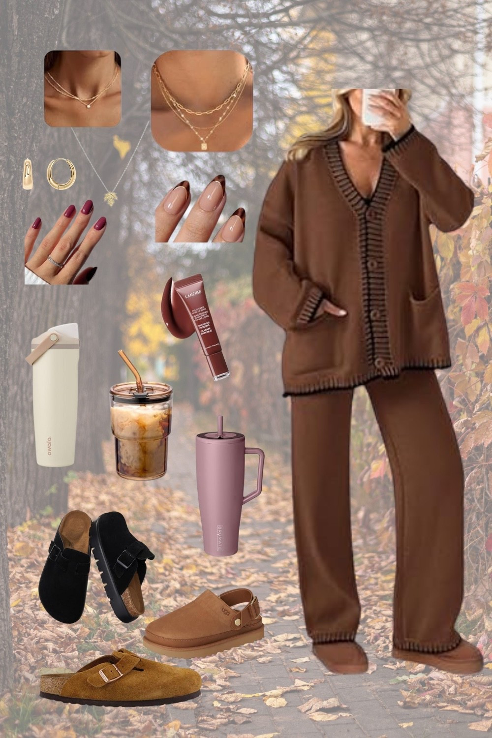 Fall Outfits 🍂 I love browns that mix well with blacks! Easy fall outfits that look put together while still being cozy and comfortable 🤎
 This two piece sets, comfortable trendy clogs, your favorite drink in your favorite water bottle or mug, the new Laneige Lip Glaze, fall inspired press on nails, and gold jewelry 🤎🧡💛

#cozy #trending #ontrend #falloutfits #fall #itgirl 

#LTKSaleAlert #LTKSeasonal #LTKFallSale