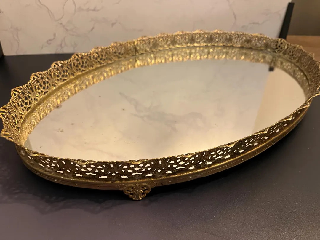 Vintage Oval Gold Filagree and Mirrored Footed Vanity Tray 11.5x19” - Etsy | Etsy (US)
