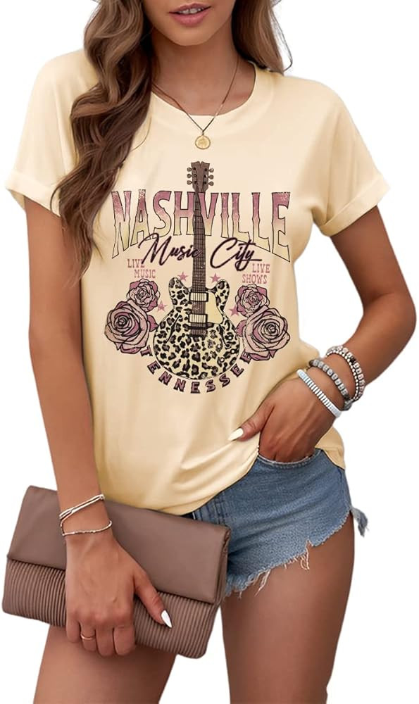 Womens Nashville Tshirt Tennessee Vintage Graphic Tees Leopard Guitar Rock Band Country Music Shi... | Amazon (US)