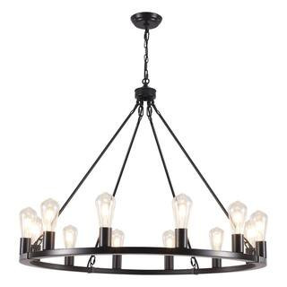 12-Light Black Circle Candle Design Wagon Wheel Chandelier Linear Chandelier Lighting for Dining Room | The Home Depot