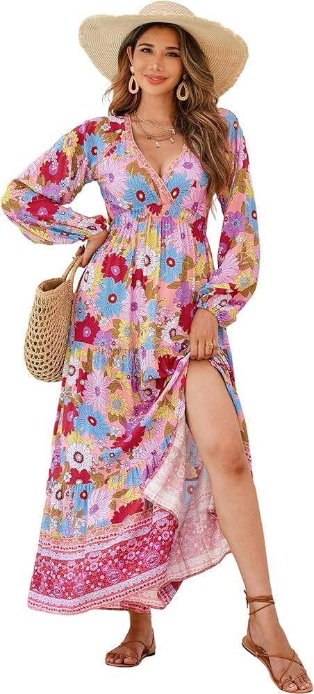 R.Vivimos Women's Boho Floral Print Maxi Dress V Neck Long Sleeve Elastic Waist Casual Flowy Slit... | Amazon (US)