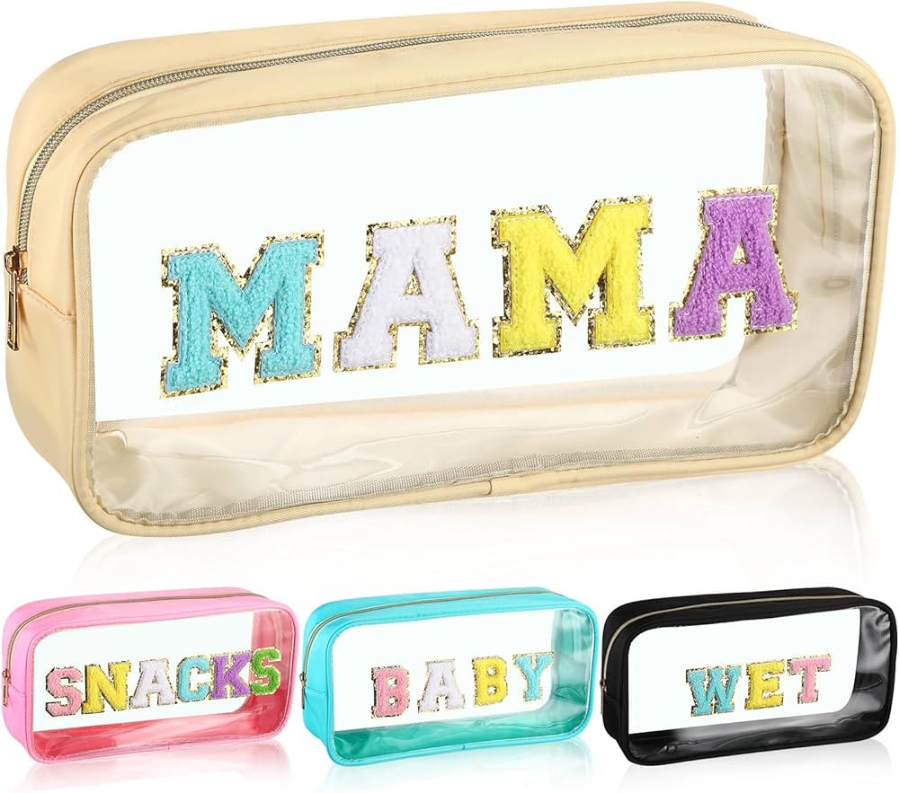 Silkfly 4 Pcs Preppy Patch Makeup Bags Mama Bags, Chenille Clear Letter Snack Bags Cosmetic PVC B... | Amazon (US)