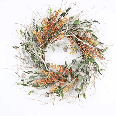 24" Artificial Farmhouse Birch Pinecone Greenery Leafage Berry Blossoms Cluster Fall Winter Wreath For Front Door Thanksgiving Christmas Day Home Fron | Wayfair North America