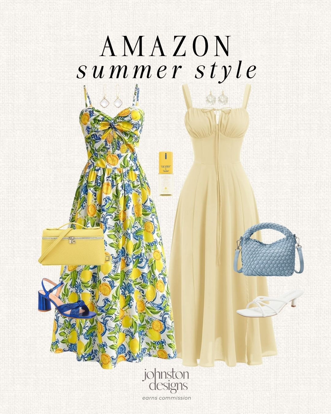 Amazon summer style with lemon prints, soft yellow dresses and bright vacation-ready accessories. 🍋

Amazon summer dress, lemon print dress, yellow maxi dress, blue heel sandals, yellow crossbody bag, blue woven bag, white kitten heels, statement earrings, vacation dress idea, resort wear style, summer wedding guest outfit, brunch outfit inspo, warm weather look, affordable Amazon fashion, feminine summer style 

 #LTKootd #LTKSeasonal #LTKWedding