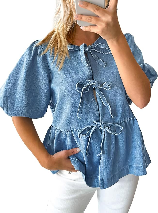Tankaneo Womens Denim Tie Front Tops Babydoll Peplum Puff Sleeve Jean Shirts Crew Neck Summer Cas... | Amazon (US)