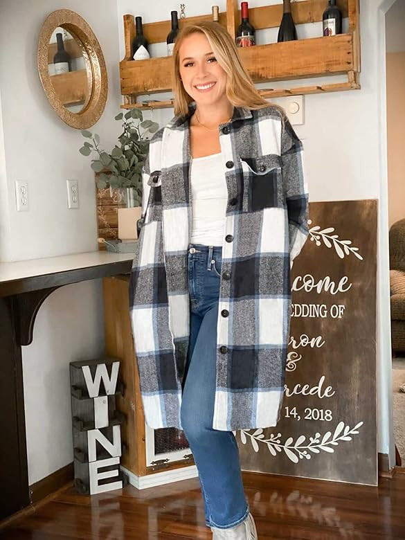 KIRUNDO Women's Flannel Plaid Shirts Jacket Shacket Coats Casual Boyfriend Button Down Shirts Long S | Amazon (US)