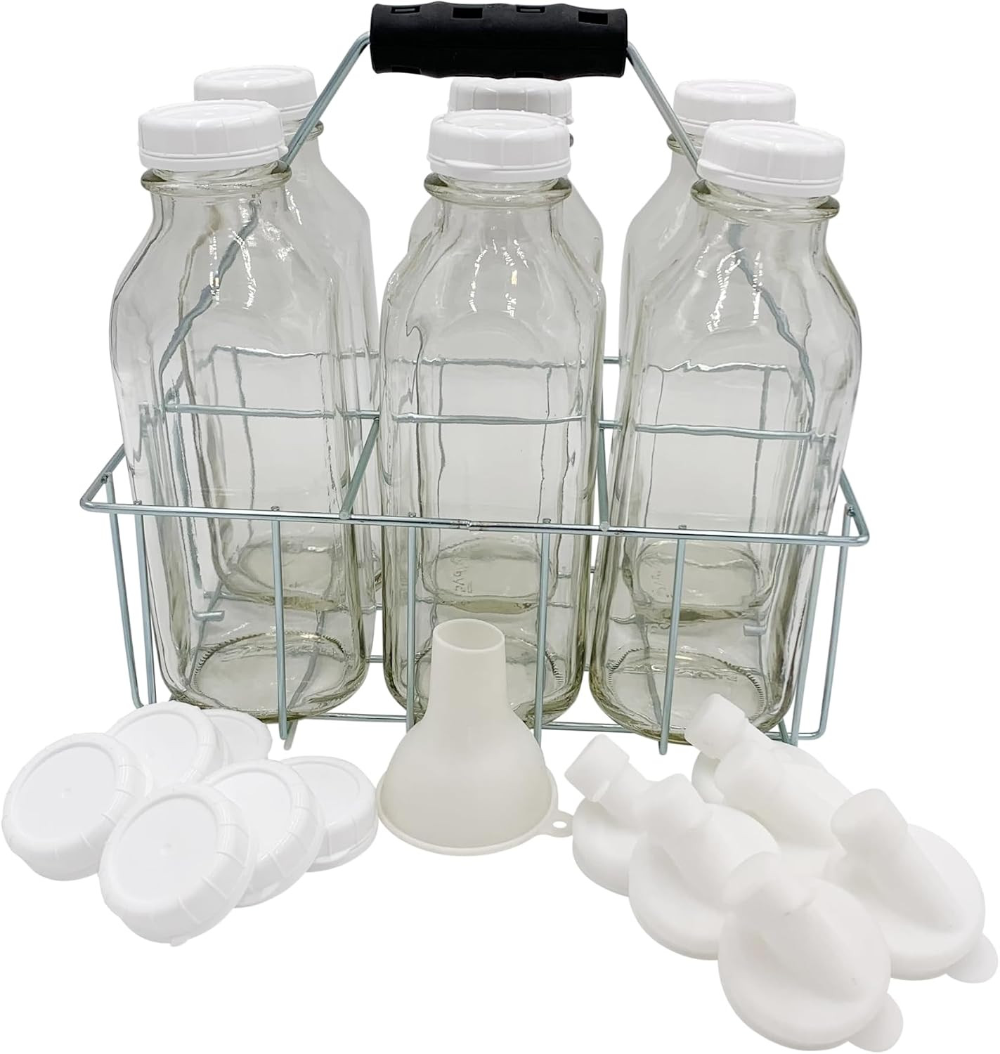 The Dairy Shoppe Heavy Glass Milk Bottles - Extra Lids, Silicone Pour Spouts, Silicone Funnel - Clear Milk Containers - Reusable - Wire Carrier - Made in USA (Liter 6 Cell Carrier Combo) | Amazon (US)