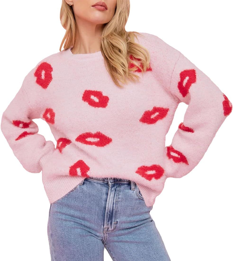 Virmoku Valentines Heart Sweater For Women Lip Valentines Gifts For Her Cute Lips Lo... | Amazon (US)