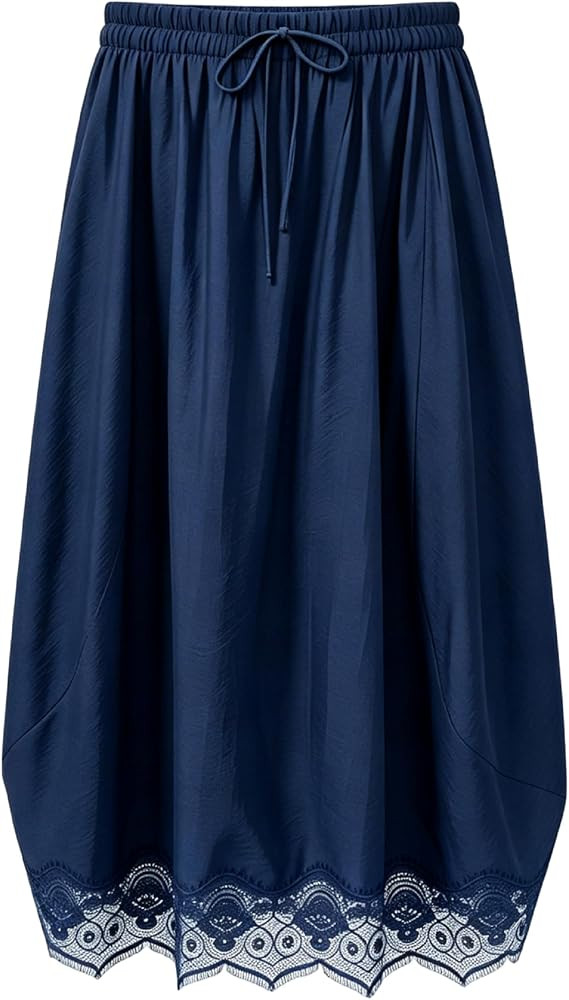 Tanming Women's Drawstring High Waist Lace Hem Midi Skirt | Amazon (US)