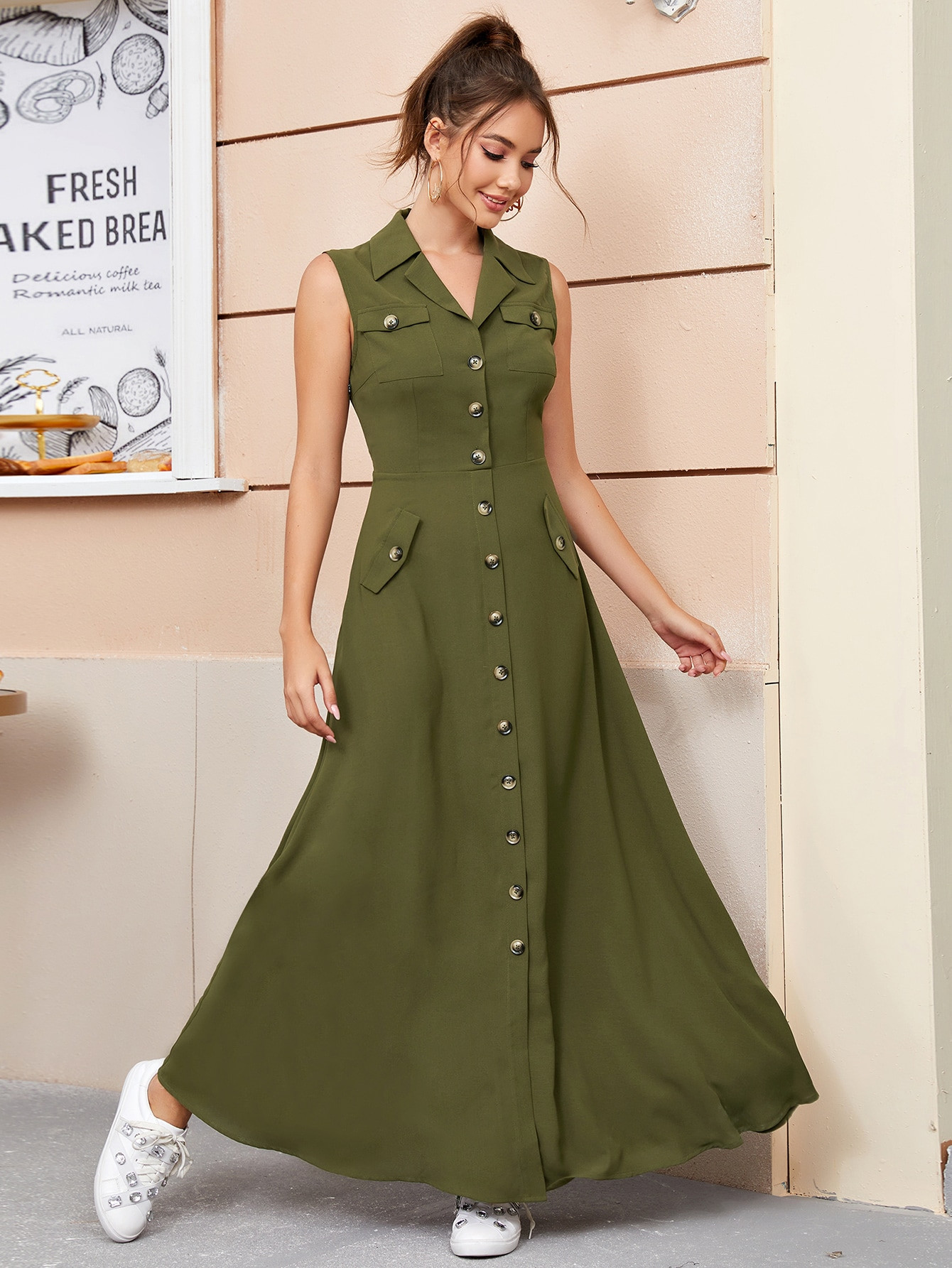 SHEIN Notched Collared Buttoned Front Flap Pocket Patched Sleeveless Dress | SHEIN