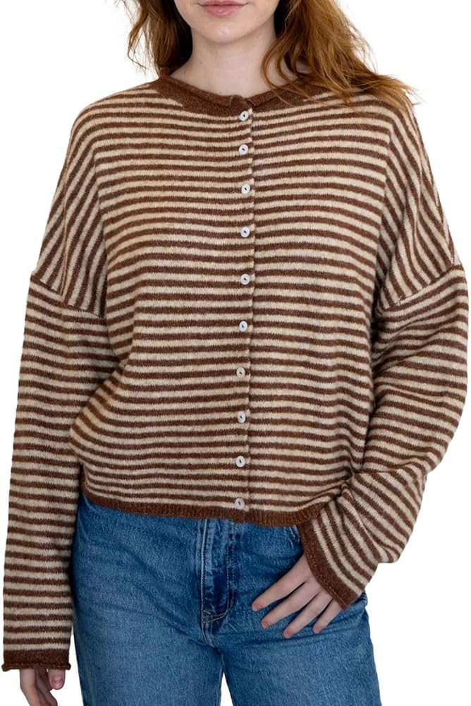 Womens Striped Cardigan Sweater Open Front Button Down Cropped Cardi Casual Funnel Neck Cable Kni... | Amazon (US)