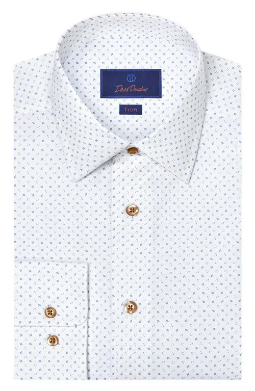 David Donahue Trim Fit Neat Cotton Dress Shirt in White/dune at Nordstrom, Size 18 | Nordstrom