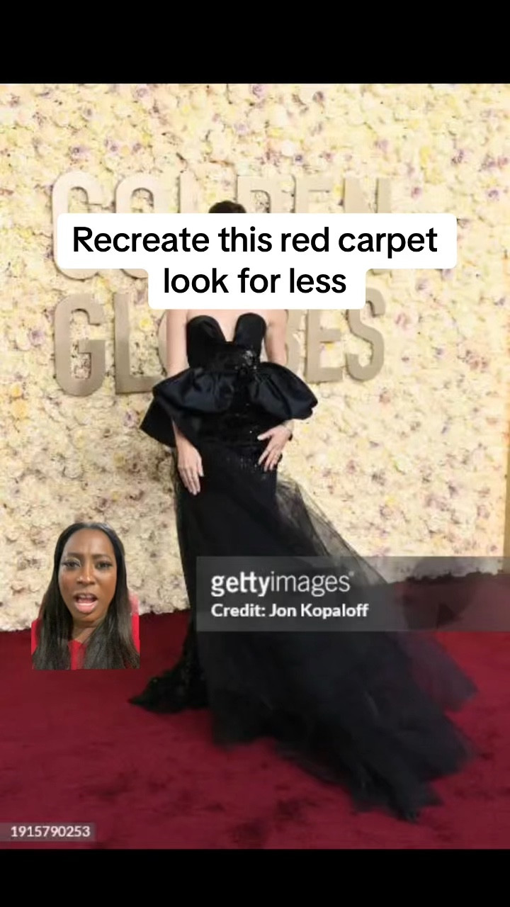 Recreate this red carpet look that Allison Williams on the red carpet of the Golden Globes for Less! 

Black tie dress , prom dress , black dress , peplum dress , wedding guest dress, affordable outfit ideas 