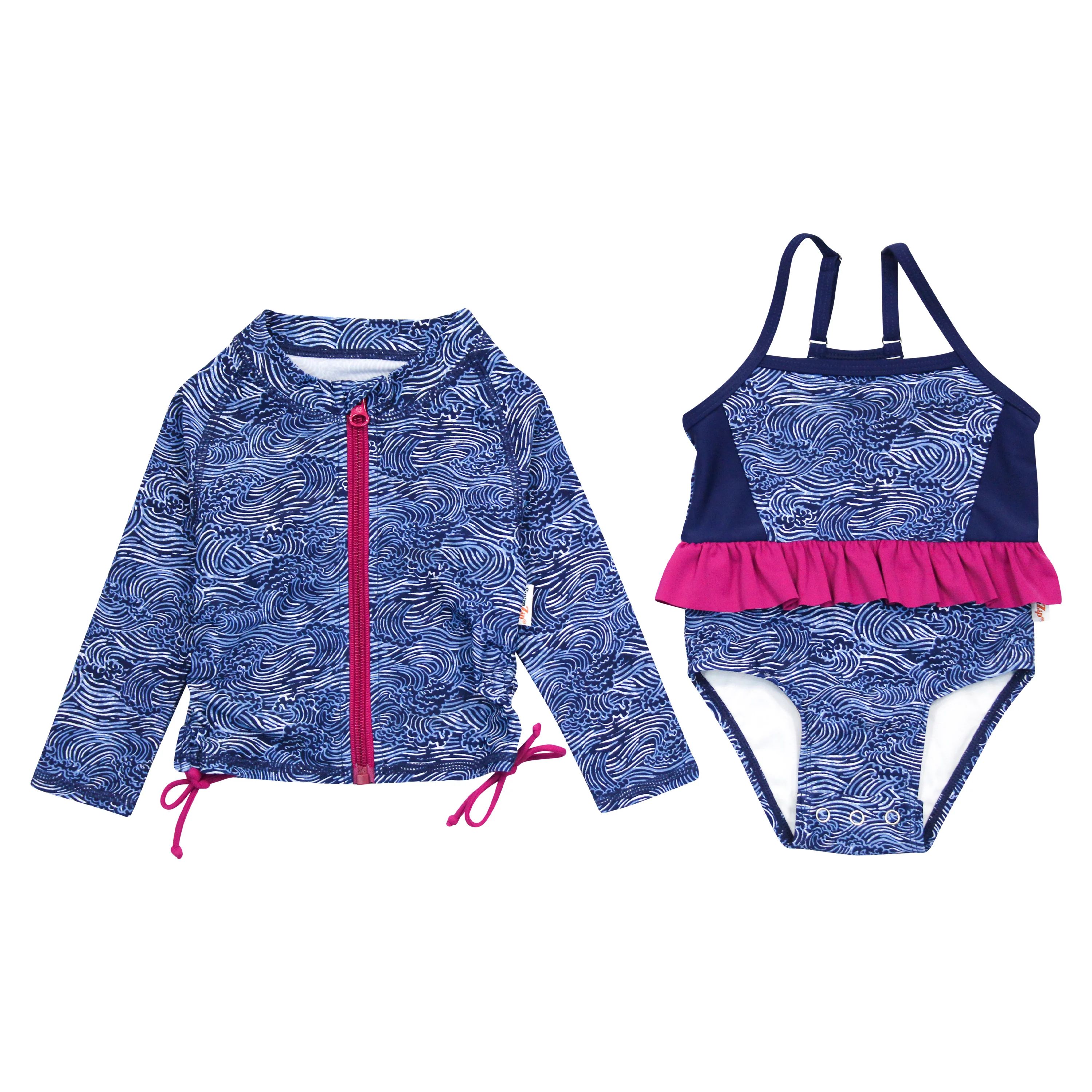 Girl's One-Piece Swimsuit and Long Sleeve Rash Guard Set | "Ocean Breeze" | UPF 50+ Sun Protectio... | SwimZip