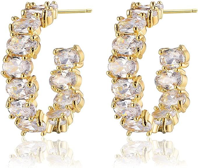 Cubic Zirconia Hoop Earrings for Women - CZ Inside-Out Open C Hoop Earrings with 14k Gold Plated ... | Amazon (US)