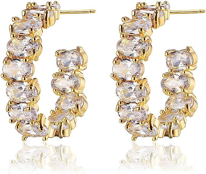 Cubic Zirconia Hoop Earrings for Women - CZ Inside-Out Open C Hoop Earrings with 14k Gold Plated ... | Amazon (US)