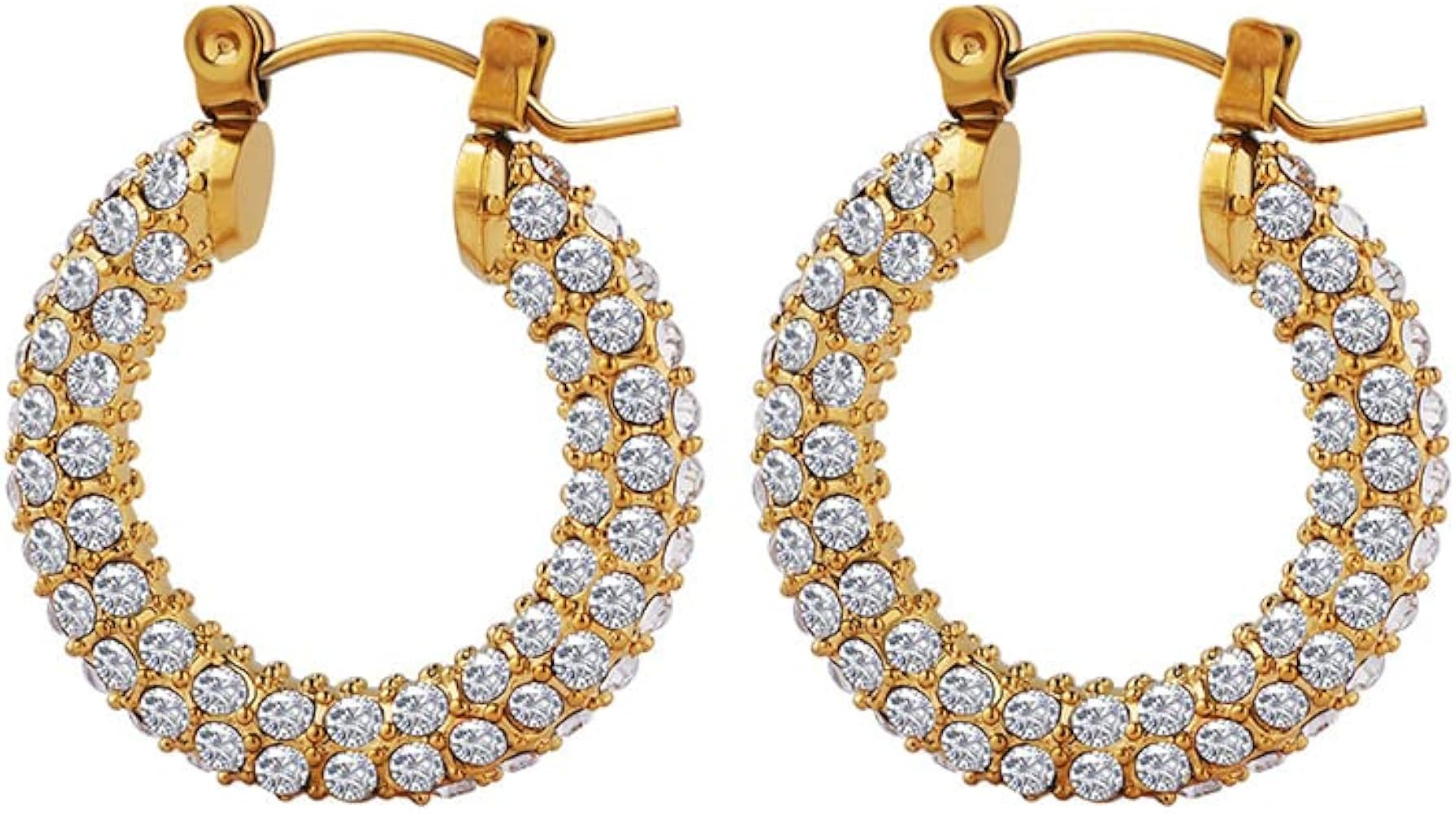 14K Gold Moissanite Hoop Earrings for Women,Chunky Full Moissanite Double Rows Huggie Earrings,Fa... | Amazon (US)