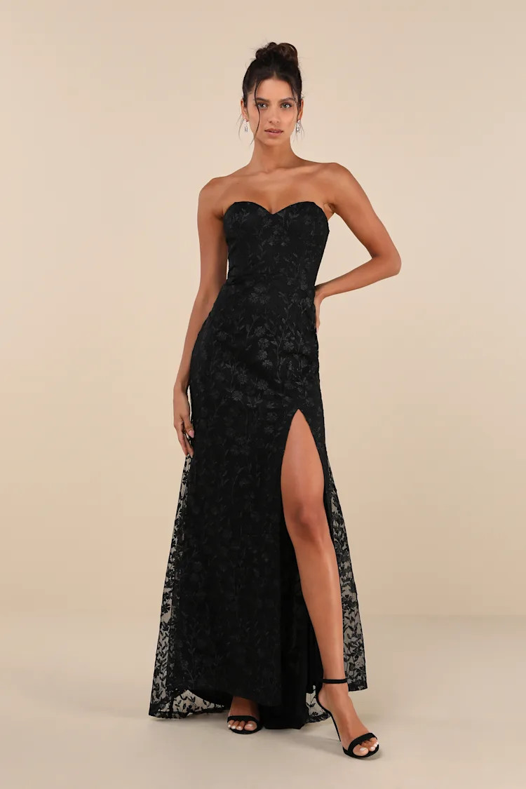 Romantic Beauty Black Floral Embroidered Strapless Maxi Dress | Lulus