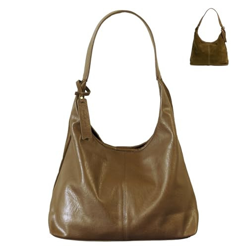 XKE-X Soft PU Leather and Suede Tote Bag Shoulder Bag for Women - Large Capacity Hobo Bag with Interior Pockets, Yellow Brown | Amazon (US)