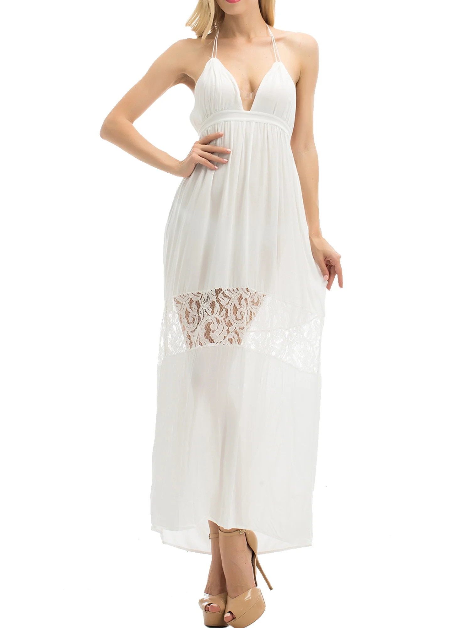 Frobukio Women Lace Beach Backless Midi Dress White - Walmart.com | Walmart (US)