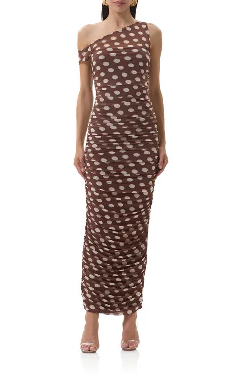 AFRM Biona Printed One-Shoulder Ruched Mesh Maxi Dress in Chocolate Halo Dot at Nordstrom, Size Small | Nordstrom
