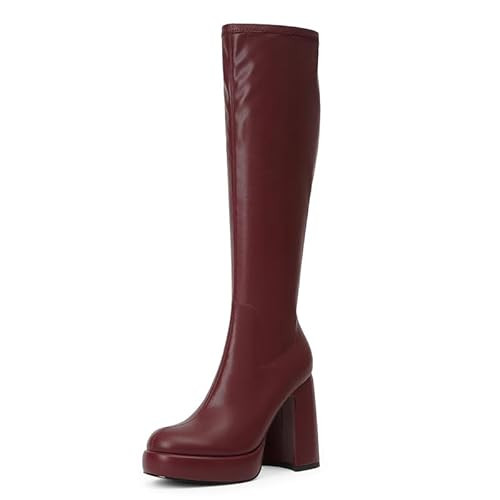 Modatope Knee High Platform Boots for Women Chunky Heel Burgundy Platform Knee High Boots Womens Rounded Toe Side Zipper Tall Boots for Women Size 8 | Amazon (US)