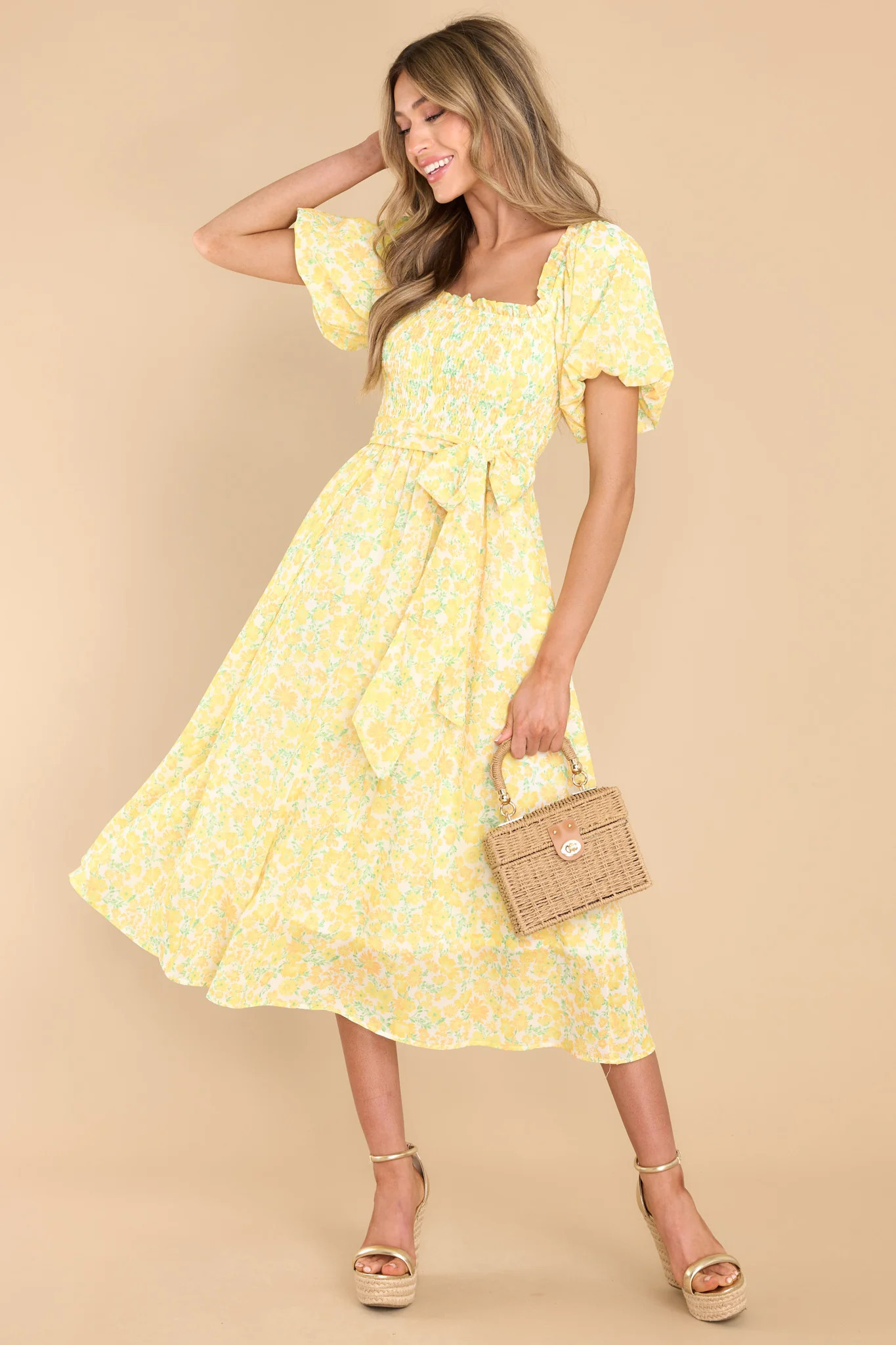 Grow Freely Yellow Floral Print Midi Dress | Red Dress 