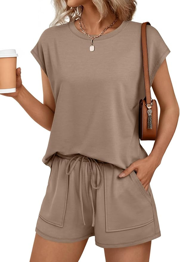 AUTOMET Womens Crew Neck Two Piece short Sets Cap Sleeve Drawstring Summer Sweatsuit with Pocket | Amazon (US)