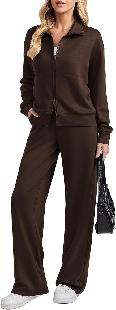PINSPARK 2 Piece Sets for Women Two-Way Zip Top Wide Leg Pants Tracksuit | Amazon (US)
