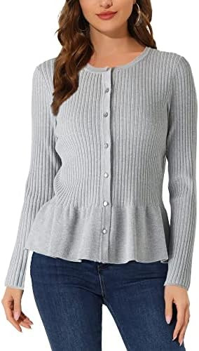 Beautiful Nomad Women's Long Sleeve Cardigan Peplum Sweater Crew Neck Button Tops Knit Ribbed Ele... | Amazon (US)