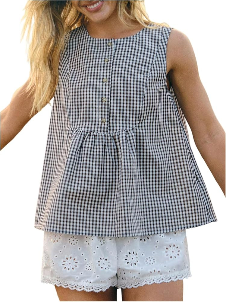 SHENHE Women's Gingham Tank Top Sleeveless Babydoll Top Peplum Blouse Going Out Shirt | Amazon (US)