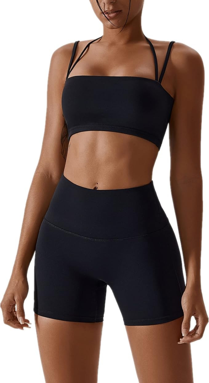 ABOCIW Workout Sets for Women 2 Piece Twist Front Halter Sports Bras High Waist Biker Shorts Exer... | Amazon (US)