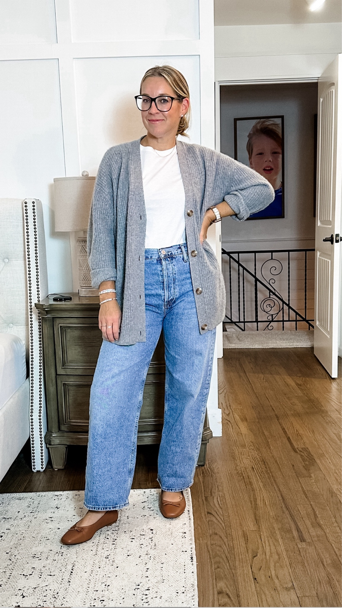 Classic, cozy and chic! 
Small cardigan
Medium tee
29 jeans but I wish I had a 28. 
True to size flats  

#LTKStyleTip #LTKMidsize #LTKOver40

#LTKGiftGuide #LTKHoliday #LTKCyberWeek