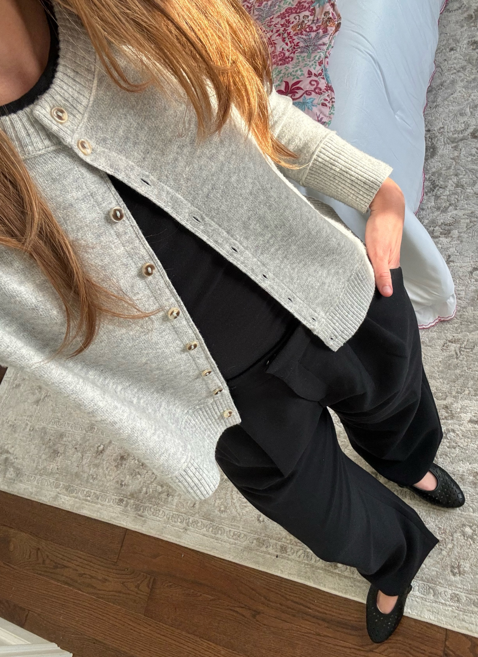 Office outfit. Fav Abercrombie pants and bodysuit (size 27 short and S). Free People cardigan (size S) and GAP ballet flats

#LTKWorkwear