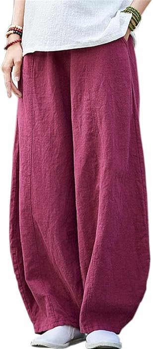 Women's Casual Cotton Linen Baggy Pants with Elastic Waist Relax Fit Lantern Trouser | Amazon (US)